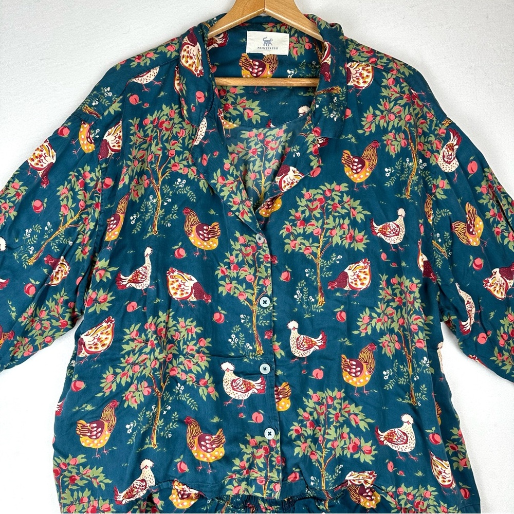 Printfresh Teal Floral & Hen Print Satin Short Pajama Set - Picture 3 of 16